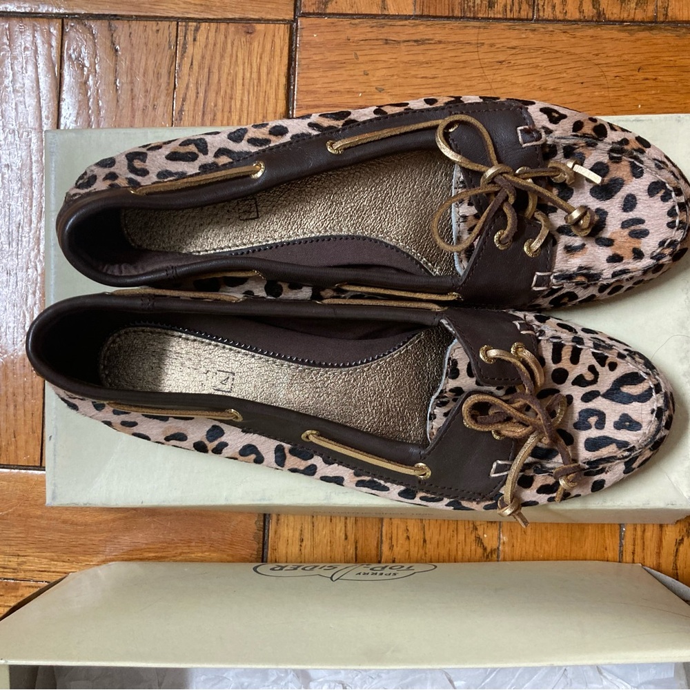 Sperry Leopard Print Moccasins with Dark Brown Details
